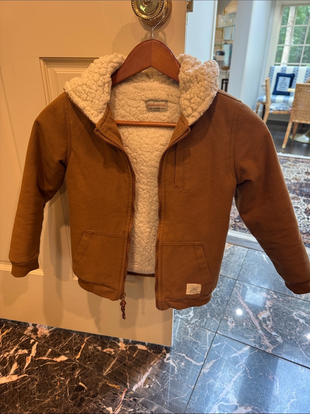 Vintage Kids Hooded Jacket in Brown with Cream Sherpa
